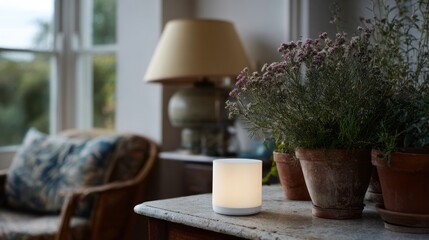 Cozy candle glows amid lavender pots, invoking Hygge warmth, echoing Harvest Moon amidst quaint cottage afternoon