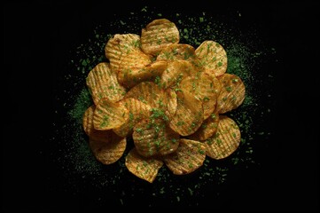 Crispy potato snacks with green herbs against a dark backdrop