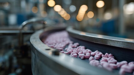 Conveyor of candy-coated dreams, industrial whimsy, pink nuggets tumble towards their destiny, Candy Cane Festival, mechanized sweetness