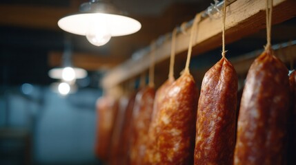 Hanging cured sausages embody rustic culinary arts, invoking Oktoberfest and charcuterie boards' aromatic delights, under warm tungsten glow