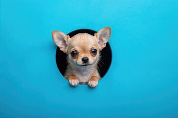 Adorable Chihuahua puppy emerging from a hole against a vibrant backdrop. Happy small dog on a lively blue setting with room for text.
