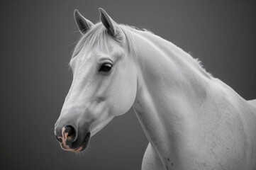 Naklejka premium Portrait of a stunning horse in a snowy winter coat, adorned with a pearl-like outfit