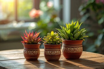 Decorative indoor plants in ornamental pots, backdrop