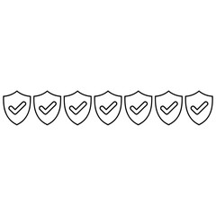 Seven simple shield icons with checkmarks representing security protection approval and success