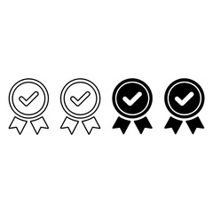 Set of four black and white award medal icons with checkmarks and ribbons for recognition
