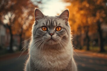 Fototapeta premium Close-up of a mature Scottish fold cat with bright orange eyes sitting on a road surrounded by fall foliage