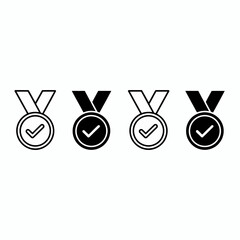 Four black and white award medals with checkmarks symbolizing achievement and success