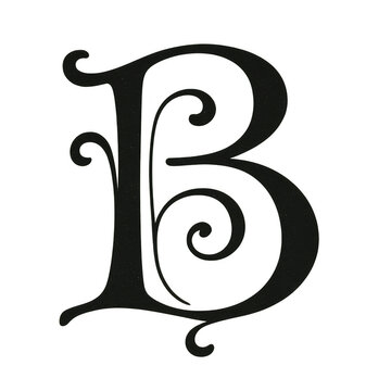 Letter "B" in Art Nouveau style, decorative vintage alphabet symbol with elegant swirls, black and white PNG image with transparent background. Illustration by Generative AI.