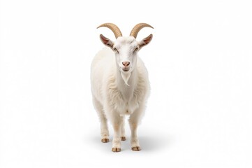 Fototapeta premium Full-length portrait of a white goat against a plain white backdrop
