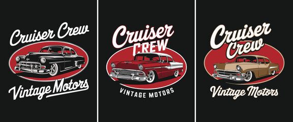 Cruiser Crew Vintage Motors classic car illustration set with retro typography for automotive culture and old school t shirt design