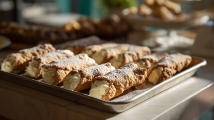 Golden cannoli bask in sunlight, dusted with powdered sugar, echoing whispers of Sicilian harvest festivals and cozy Sunday brunches