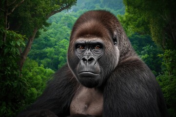 Obraz premium Close-up of a Mountain Gorilla Amid Dense Jungle Foliage