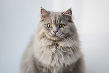 Portrait of a fluffy gray feline against a white backdrop