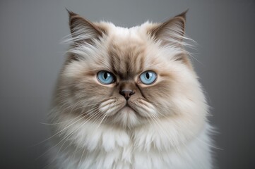 Serious fluffy feline with striking blue eyes in close-up portrait