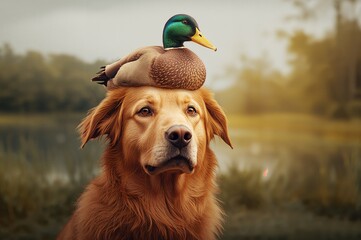 Dog posing with a duck perched on its head