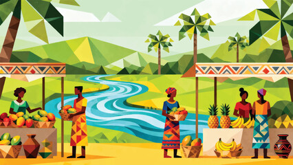 Illustration Of A Traditional Market With Local Traders Against The Backdrop Of The Lilongwe River Vector Design Template