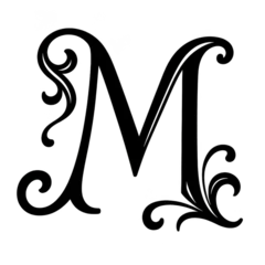 Letter "M" in Art Nouveau style, decorative vintage alphabet symbol with elegant swirls, black and white PNG image with transparent background. Illustration by Generative AI. © Sergey Kohl
