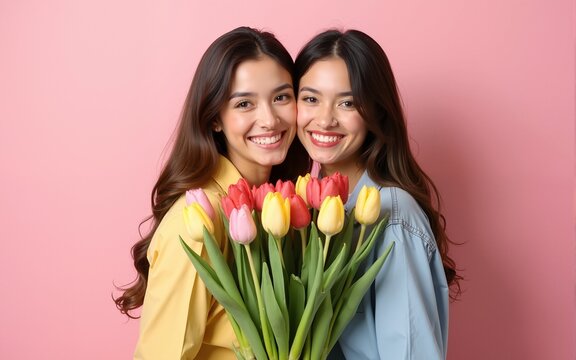 Portrait of two attractive cheerful girlfriends hugging holding fresh tulips having fun festal event isolated over pink pastel color background. High quality
