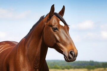 Fototapeta premium Close-up of a chestnut horse against a light blue and white backdrop