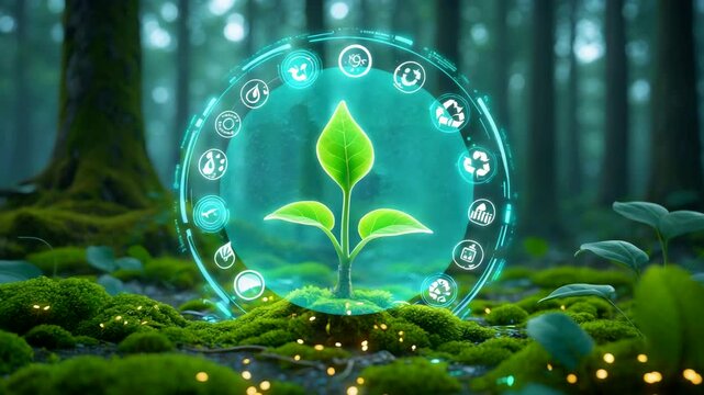 Green seedling surrounded by a glowing circular interface above moss on the floor of a dense forest