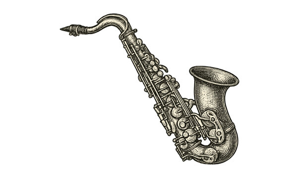Detailed vintage saxophone drawing in engraved style for music design