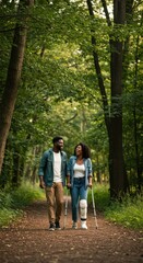 Obraz premium Happy couple with leg injury walking in forest with crutches and smiling