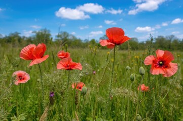 Naklejka premium Field of blooming papaver flowers