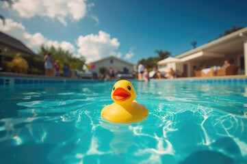 A small plastic duck drifting in the edge of a pool
