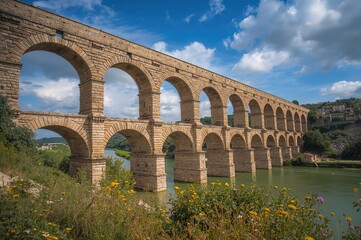 Obraz premium An old Roman water bridge spanning a river in the south of Europe