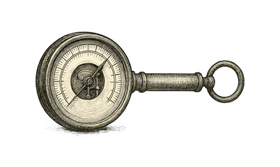 Antique engraved pocket compass with intricate mechanical details