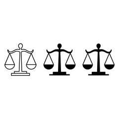 Three scales of justice icons symbolizing law fairness equity and balance in a triptych arrangement