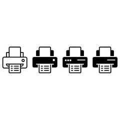 Set of four black and white printer icons representing printing technology and office equipment