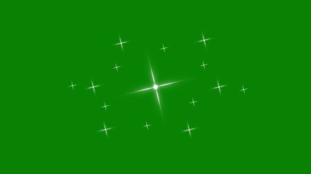 Sparkling star twinkle glitter white cartoon doodle animation, flat vector blinking shining light twinkling effect glowing on transparent green screen background, starry sky festive overlay 4K