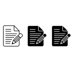 Three minimalist document icons set featuring paper sheets and pencils for writing and editing