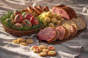 Traditional Easter Basket Featuring Eggs, Meat, Bread, and Cookies for Holy Saturday Blessing