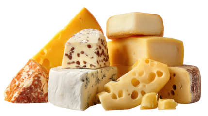 Assortment of delicious cheeses isolated on transparent background