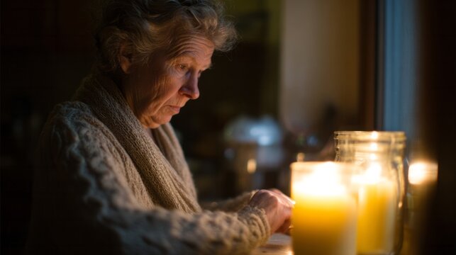 An elderly Caucasian woman pensively writes by candlelight, embodying Hygge nostalgia, solitude's whisper, and Dia de los Muertos reflection