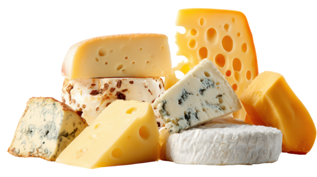 Assortment of delicious cheeses isolated on transparent background - Powered by Adobe