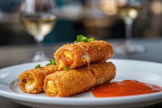 Crispy paneer-filled rolls served with tangy tomato sauce, a perfect appetizer for gatherings.