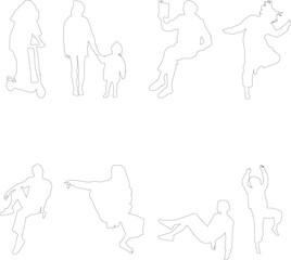 Collection of 8 black silhouettes showing people sitting cross-legged, standing casually, walking with purpose and resting. Perfect for urban scenes, architecture plans, infigraphics, lifestyle.