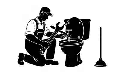 Plumber fixing toilet wrench plunger