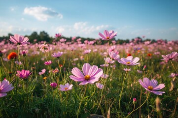 Fototapeta premium Morning Light Illuminates a Field of Blooming Pink Cosmos Flowers
