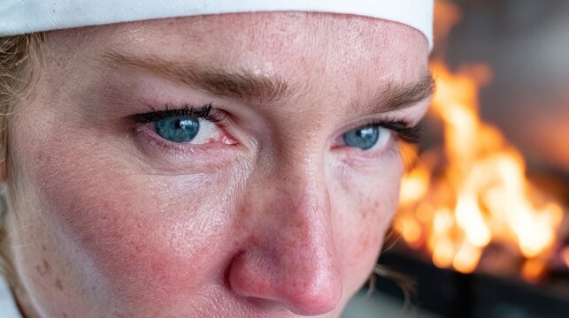 A fiery-eyed chef, Northern European woman, faces culinary chaos, evoking Samhain's transformative flames and International Chefs Day spirit