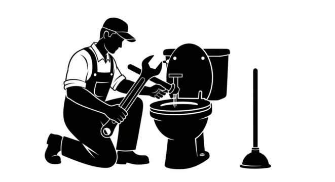 Plumber fixing toilet wrench plunger