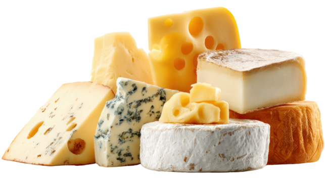Assortment of artisanal cheeses stacked together isolated on transparent background