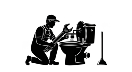 Plumber repairs toilet with wrench tool