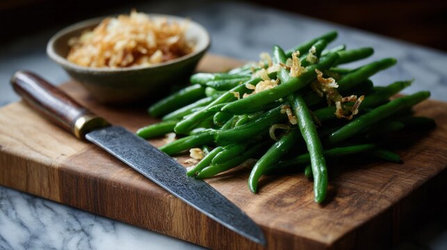 Crisp haricots verts mingle with crispy shallots underscoring the culinary charm of Bastille Day's rustic kitchen rituals