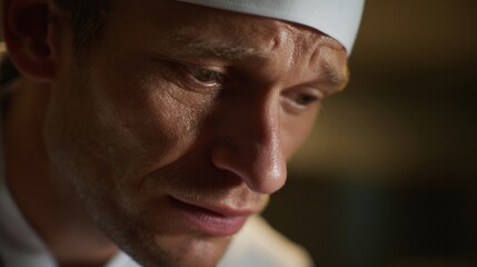 Fototapeta premium Pensive European male chef in serene contemplation, evoking flavors of culinary innovation, Gastronomy Day, and introspective creativity awakening