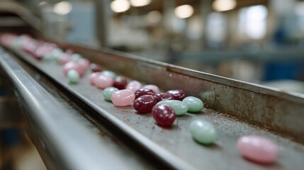 Colorful jellybeans meander on metallic conveyor, echoing candy-filled celebrations like National Jelly Bean Day and quirky Sweetest Day revelry