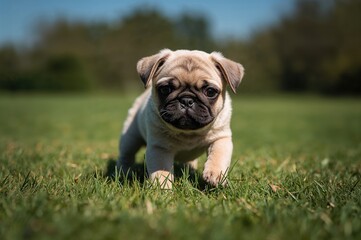 Fototapeta premium Picture of a small pug puppy frolicking outdoors under bright sunlight